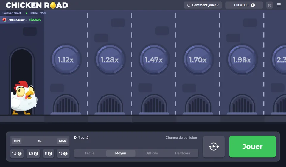 Écran de jeu Chicken Road en mode démo, niveau Moyen, avec le bouton Jouer