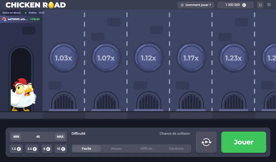 Chicken Road dépôt minimum et mise : démo niveau Facile avec les boutons de mise rapide MIN et MAX