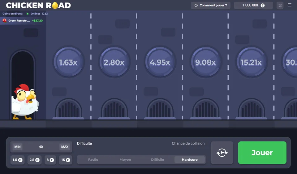 Chicken Road crypto ou carte : le même jeu, ici la démo au niveau Hardcore, premier multiplicateur 1,63x